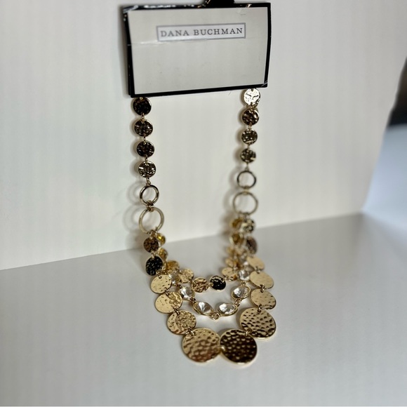 Dana Buchman Statement Necklace. Hammered Gold Tone & Clear Bezel. - Picture 4 of 4